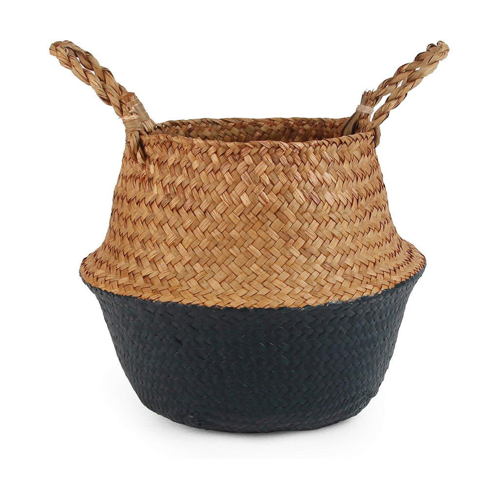Woven Seagrass Belly Basket for Storage, Laundry, Picnic, Plant Pot Cover, and Grocery and toy storage (Small, Black)