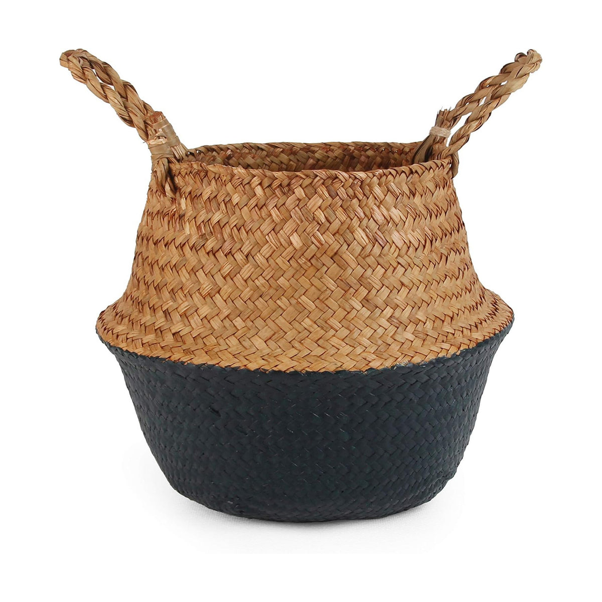 Woven Seagrass Belly Basket for Storage, Laundry, Picnic, Plant Pot Cover, and Grocery and toy storage (Small, Black)