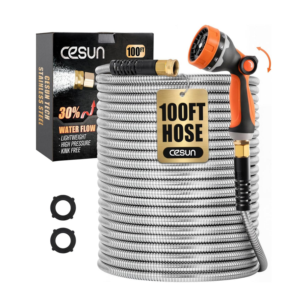 Cesun 100 ft Metal Garden Hose with 10 Function Nozzle, 100 foot x 5/8" | Heavy Duty Stainless Steel Water Hose