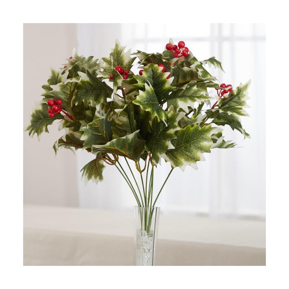 Factory Direct Craft Weather Resistant Artificial Variegated Holly and Berry Bush - Fake Holly for Indoor and Outdoor Christmas Arrangements and Holiday Decorating (18 Inches High)