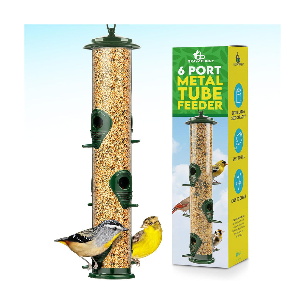 Gray Bunny Squirrel Proof Bird Feeders for Outdoors 6 Port Metal Tube