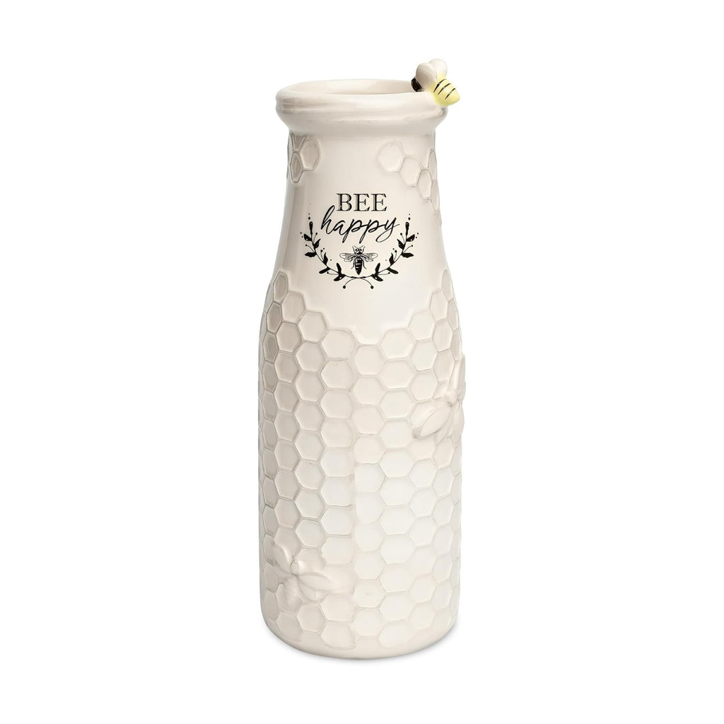 Young's Inc Ceramic Bee Flower Vase, Rustic Farmhouse Honey Bee Vase for Fresh & Faux Flowers, Bee Happy Floral