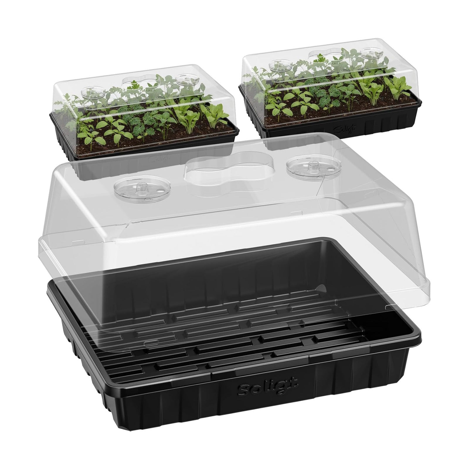 SOLIGT Thick Plastic 3-Set Strong Seed Starter Trays with 5" Humidity Domes | for Seed Starting, Germination, Seedling
