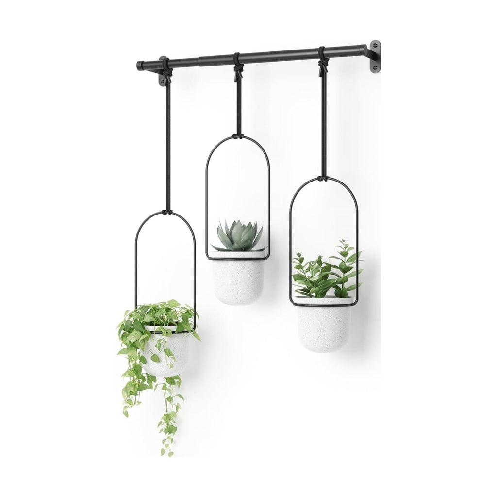 Umbra Triflora Hanging Planter, Indoor Herb Garden, Set of 3, White/Black | Extendable metal rod, adjustable rope