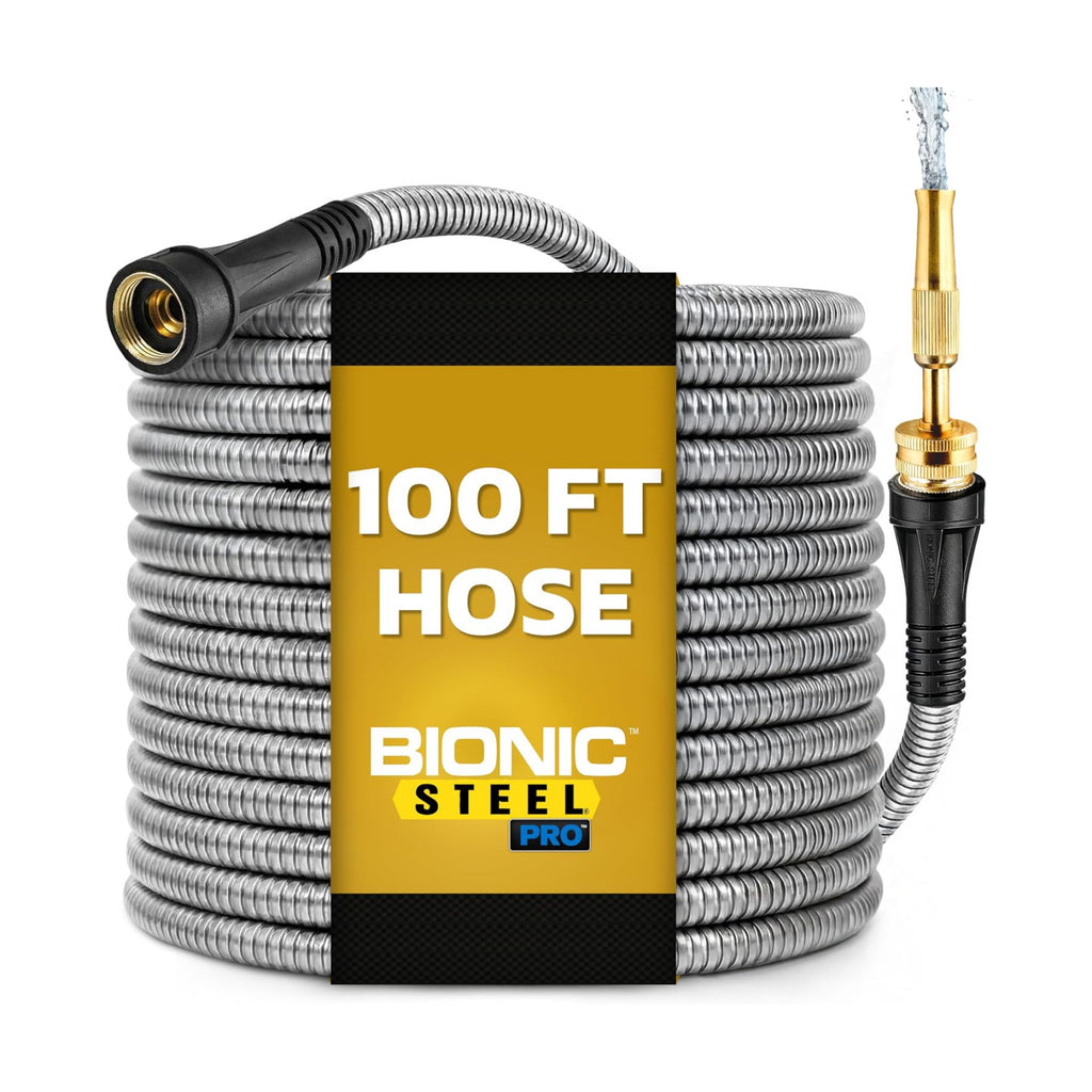 Bionic Steel PRO 100 Ft Garden Hose with Nozzle, Premium 304 Stainless Steel Metal Water Hose 100Ft Flexible Hose, Rust