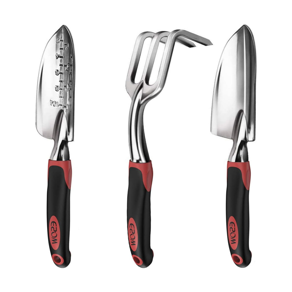 Garden Tool Set 3 Pc, Cast-Aluminum Heavy Duty - Trowel, Rake, Red | Non-slip rubber handle, ergonomic. Rustproof