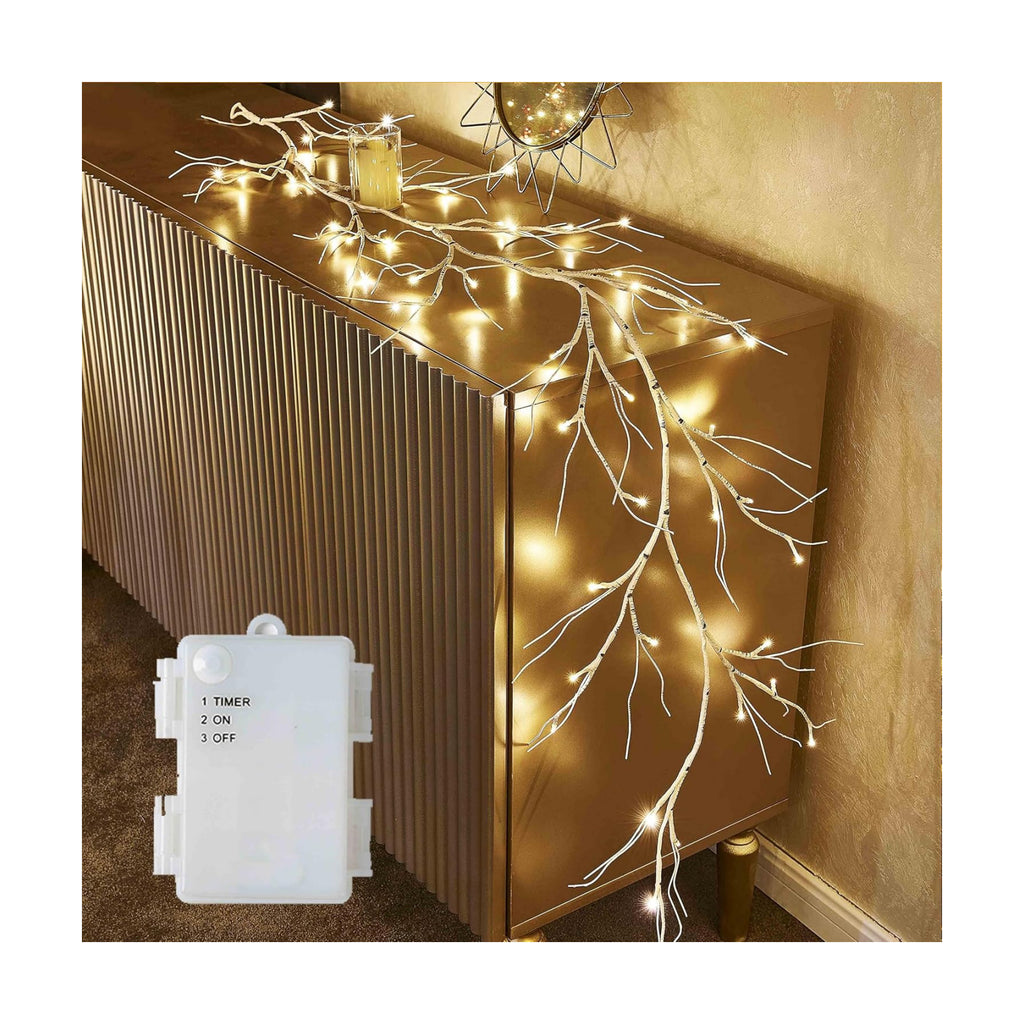Hairui Birch Garland with Lights 6FT 48 LED Battery Operated, Lighted Twig Vine with Timer for Christmas Home Fireplace Decoration Indoor Outdoor Use