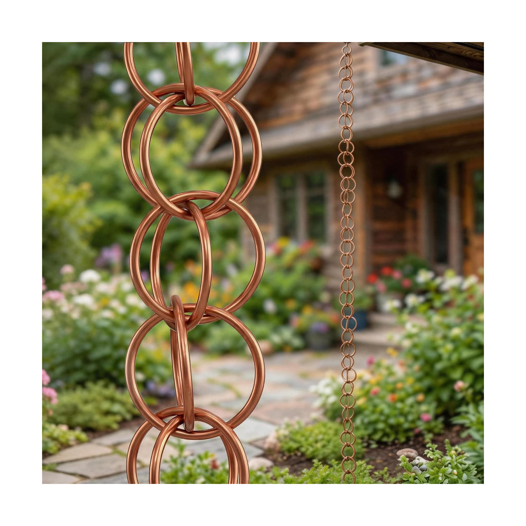 Topadorn 7.7FT Copper-Tone Double Ring Rain Chain | Modern Decorative Metal Downspout Replacement, Adjustable Outdoor