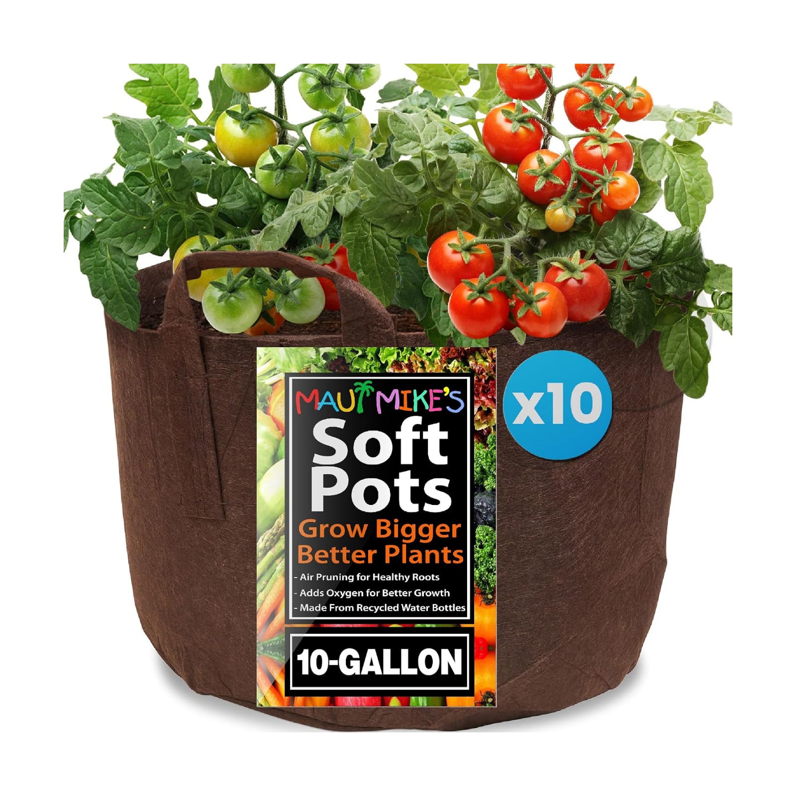 MAUI MIKE'S Root Pouch 10 Gallon/ 10 Pack Heavy Duty Tomato Grow Bag. Plant Fabric Pots with Handles. Fabric Grow Bags