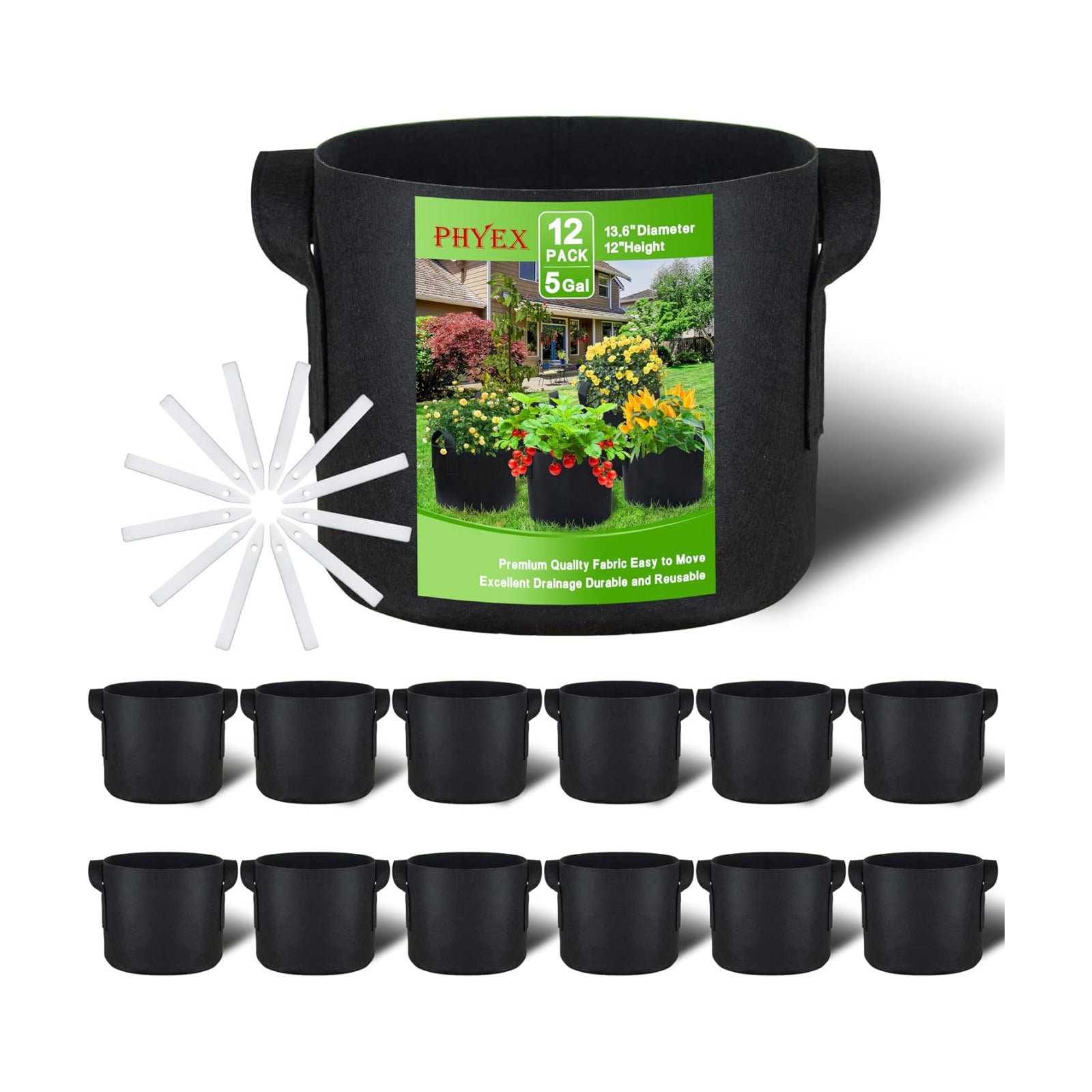 12-Pack 5 Gallon Grow Bags | Heavy Duty Fabric Pots with Durable Handles, Reusable Plant Bags for Vegetable, Flowers