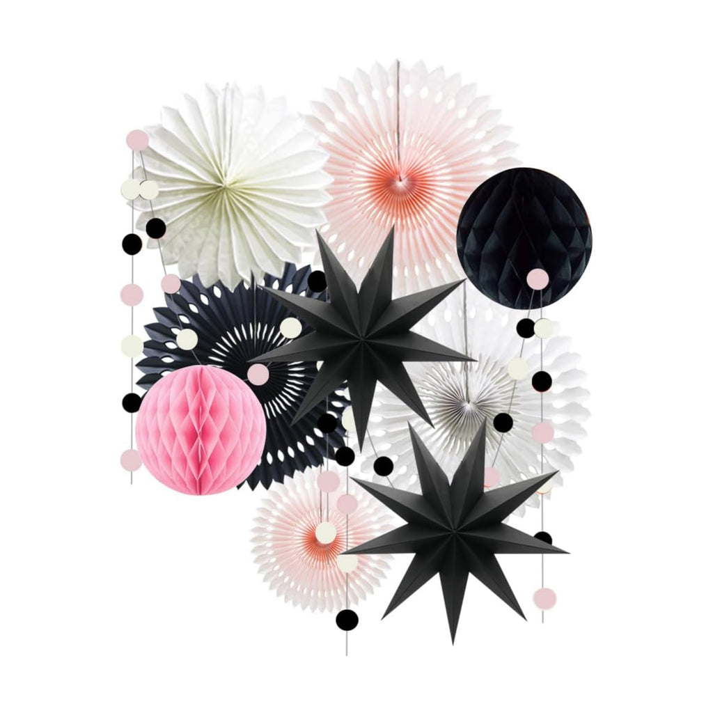 10-Piece Pink and Black Party Decorations, White Paper Fans