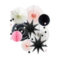 10-Piece Pink and Black Party Decorations, White Paper Fans