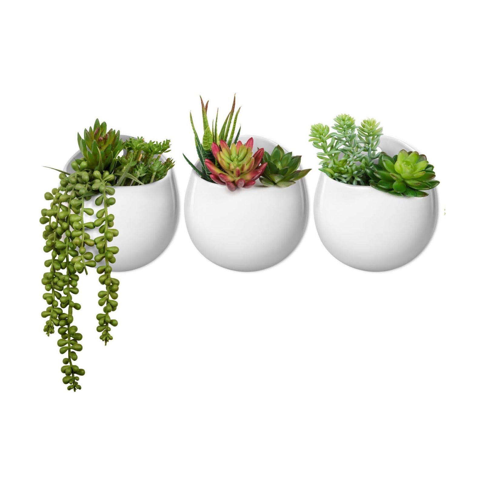Mkono Wall Planter Ceramic Hanging Pot with Artificial Fake Plants, 3 Pack | 8 Realistic Succulents Included,White Air