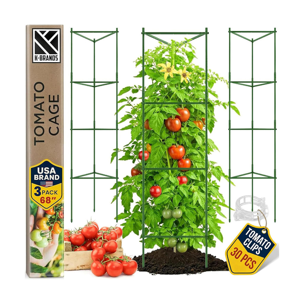 K-Brands Tomato Cage - Tomatoes Plant Stakes Support Cages Trellis for Garden and Pots (3 Pack - Extra Tall Upto 68