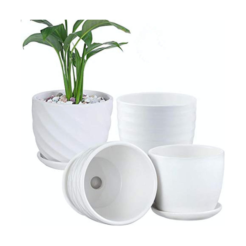 sietpoek 4.7” Ceramic Plant Pots with Drainage and Saucer 4PCs White | White Ceramic Flower Pots with Drainage Hole and
