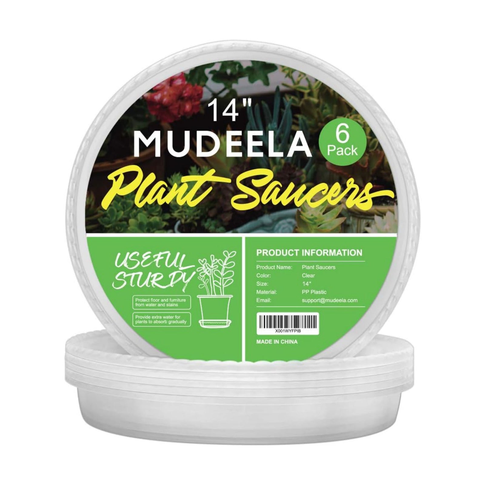 MUDEELA 6-Pack Plastic Plant Saucers Tray for Indoor, 14 Inches, Clear | Durable, Thicker, Stronger, Deeper, Round