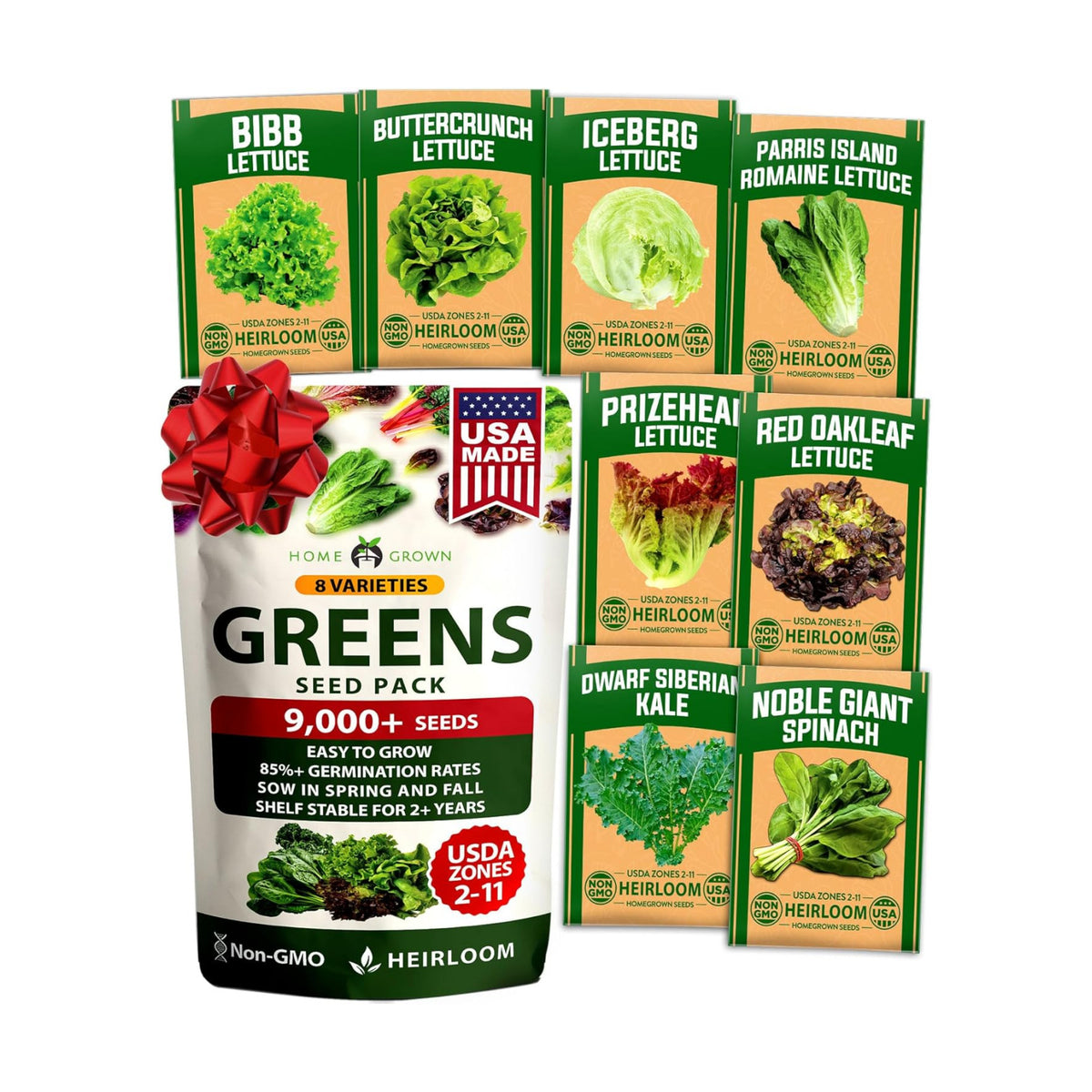 HOME GROWN Lettuce Seeds 8 Variety Mix 9000+ Bulk Pack Heirloom Non-GMO, High Germination, Romaine, Bibb, Buttercrunch, Leafy Greens,Indoor Outdoor Hydroponic Garden, Cut & Come Again (Lactuca sativa)