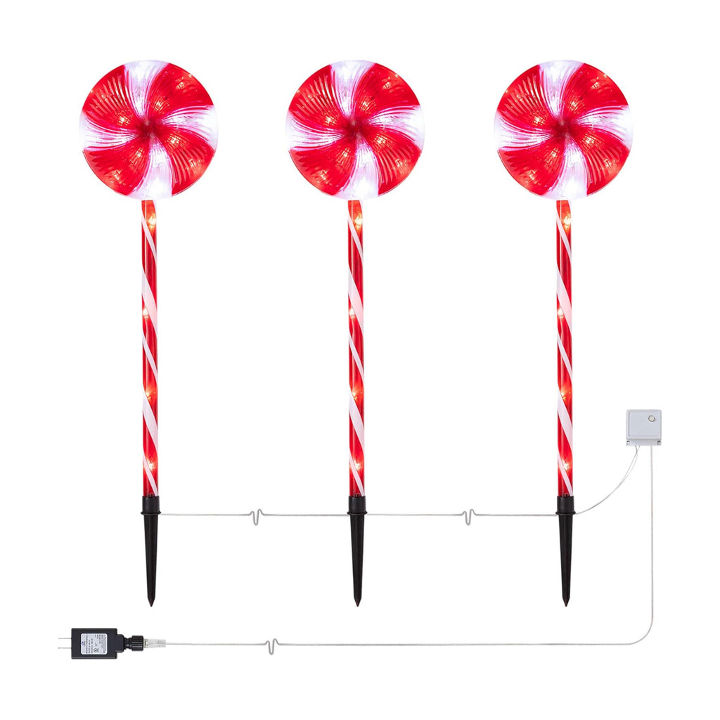 Alpine Corporation 28" Tall Outdoor Christmas Candy Cane Pathway Stake Lights with Multi-FunctionLED, Set of 3, Festive Lawn and Garden Holiday Decor, Red and White
