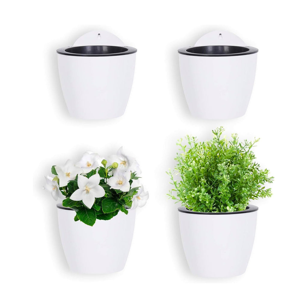 MyGift 7.5 Inch Wall Planters for Indoor Plants, White Plastic Hanging Self Watering Plant Pots, Flower Cactus Herbs