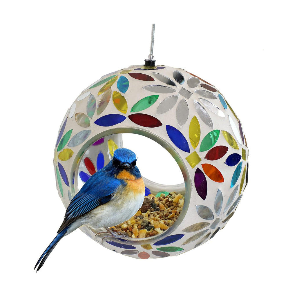 Sunnydaze Mosaic Glass Bird Feeder for Outdoors, Rainbow Daisies