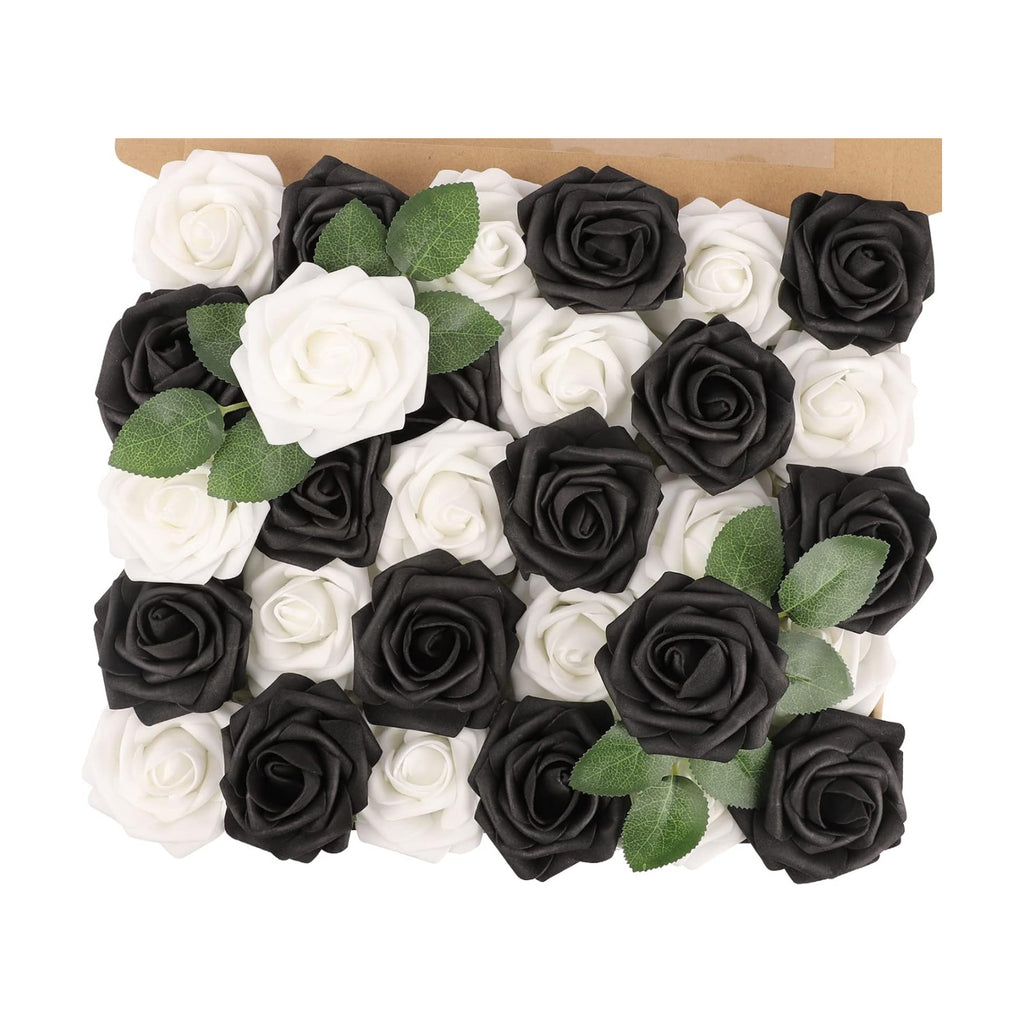 30PCS Black and White Artificial Roses with Stems, Real Touch Foam Flowers