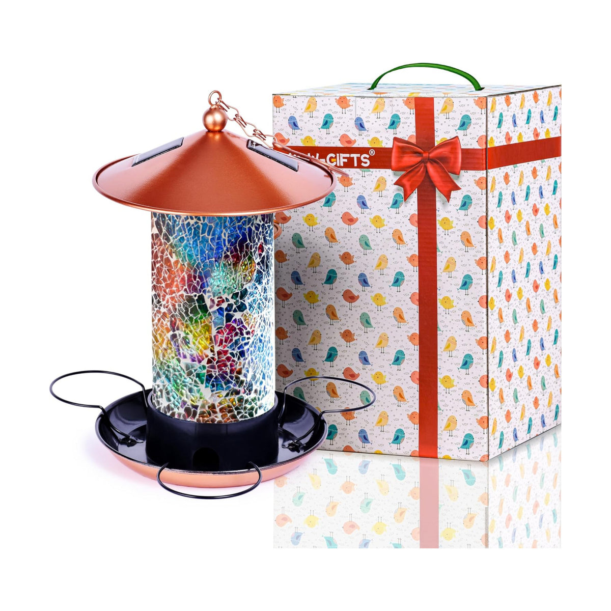 XDW-GIFTS Mosaic Solar Wild Bird Feeder, Waterproof Lantern Shape with S-Hook & 4 LED Lights, Garden Decor for Lawn, Patio, Balcony, Yard Ornament - Unique Gifts for Mom, Women, Grandma, Bird Lovers
