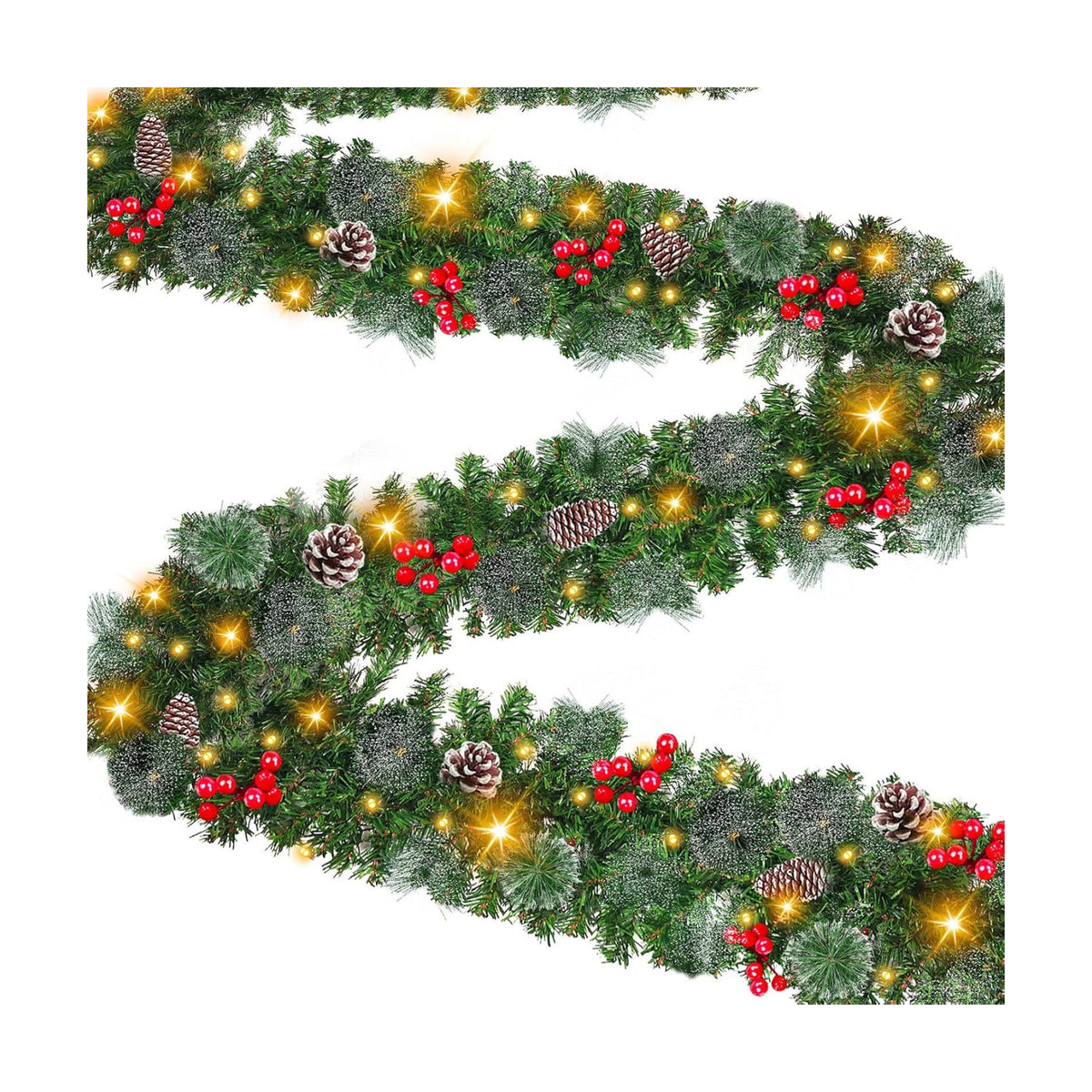 9 Foot by 10 Inch Christmas Garland - 50 LED Lights, Battery Operated Lighted Garland Wreath with Pine Cones Red Berries Lush Branches, Prelit Garland Xmas Decoration Indoor Outdoor Home Holiday
