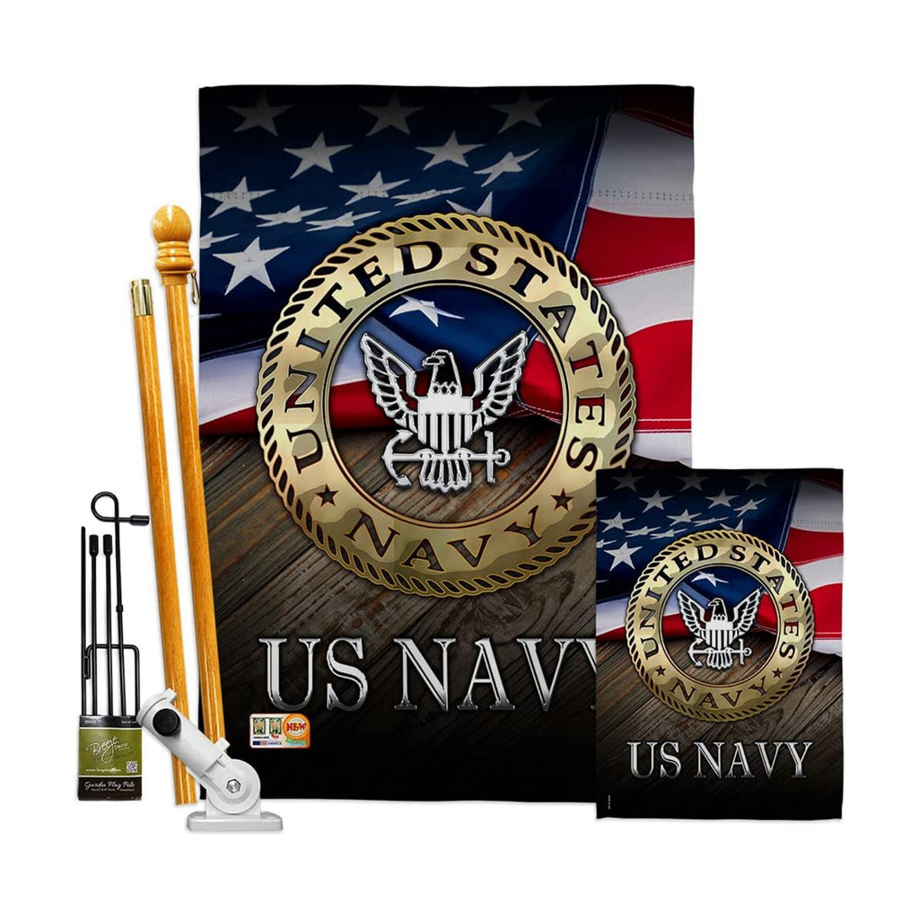 FK137035-BO US Navy Americana Military Decorative Vertical Flags Kit, House & Garden Set w/Flagpole, Multi-Color