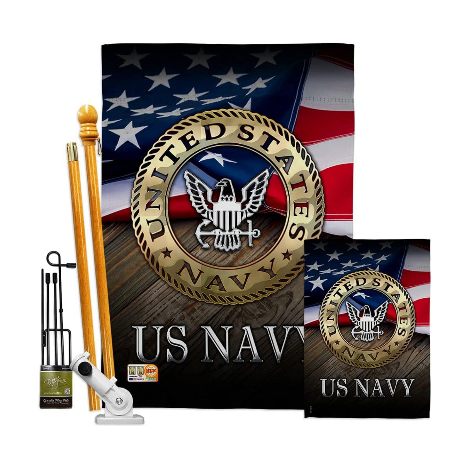 FK137035-BO US Navy Americana Military Decorative Vertical Flags Kit, House & Garden Set w/Flagpole, Multi-Color