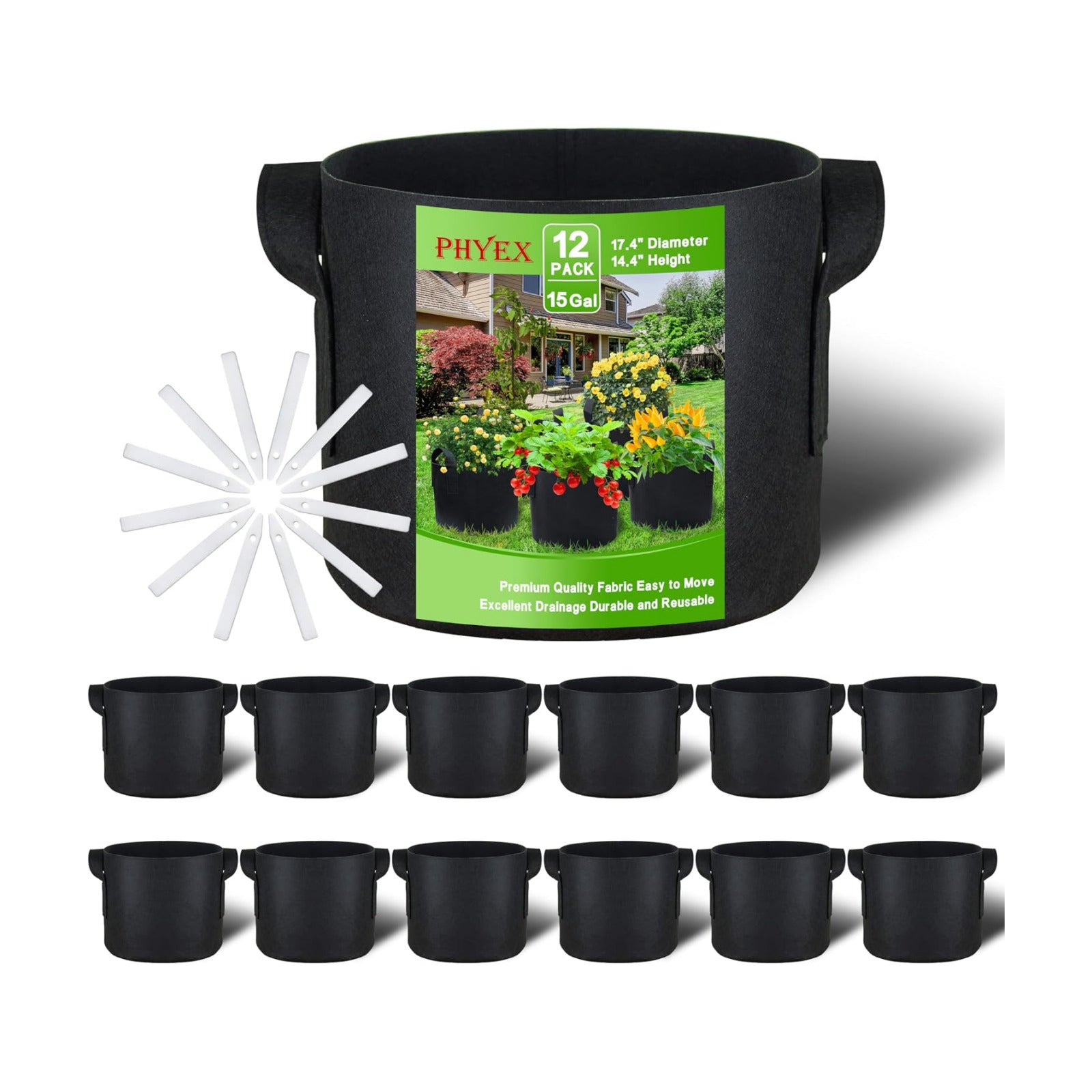 12-Pack 15 Gallon Grow Bags | Heavy Duty Fabric Pots with Durable Handles, Reusable Plant Bags for Vegetable, Flowers