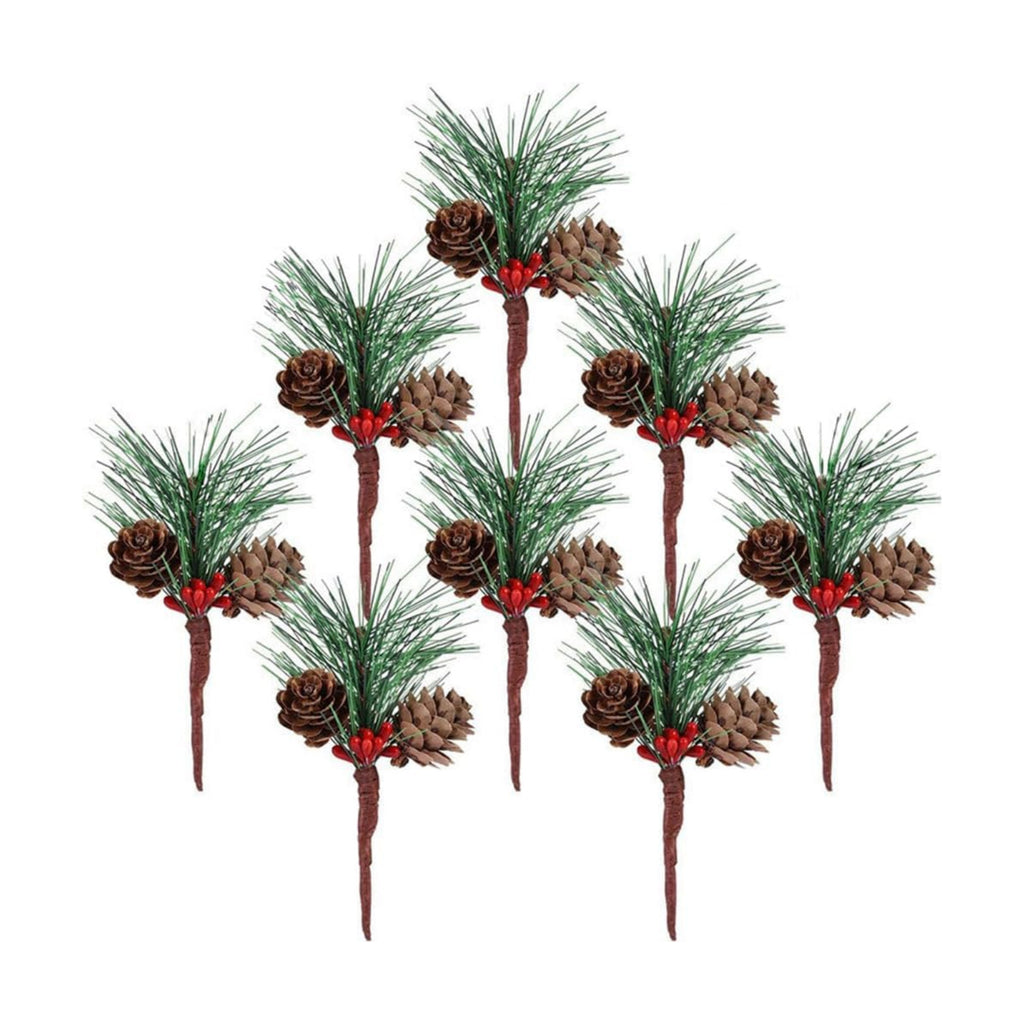 AKOAK 8 Pcs Mini Christmas Tree Picks, Artificial Pine Flower Branches with Berries for Holiday Decor, Gift Box Bouquet Wedding Party Home Decoration