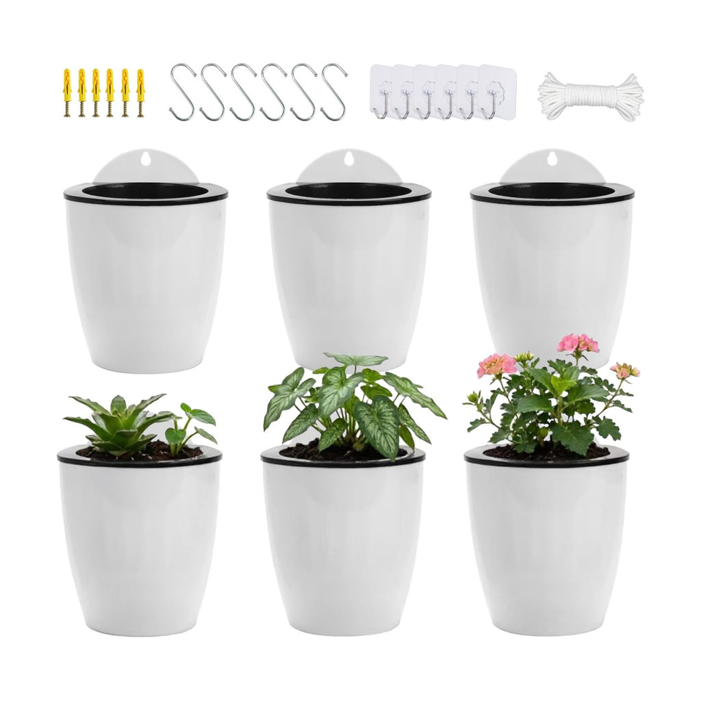 ORIMERC 6 Pack Hanging Planter Wall Planter Self Watering 5 inch Plant Pot with Hardware Vertical Planter Outdoor