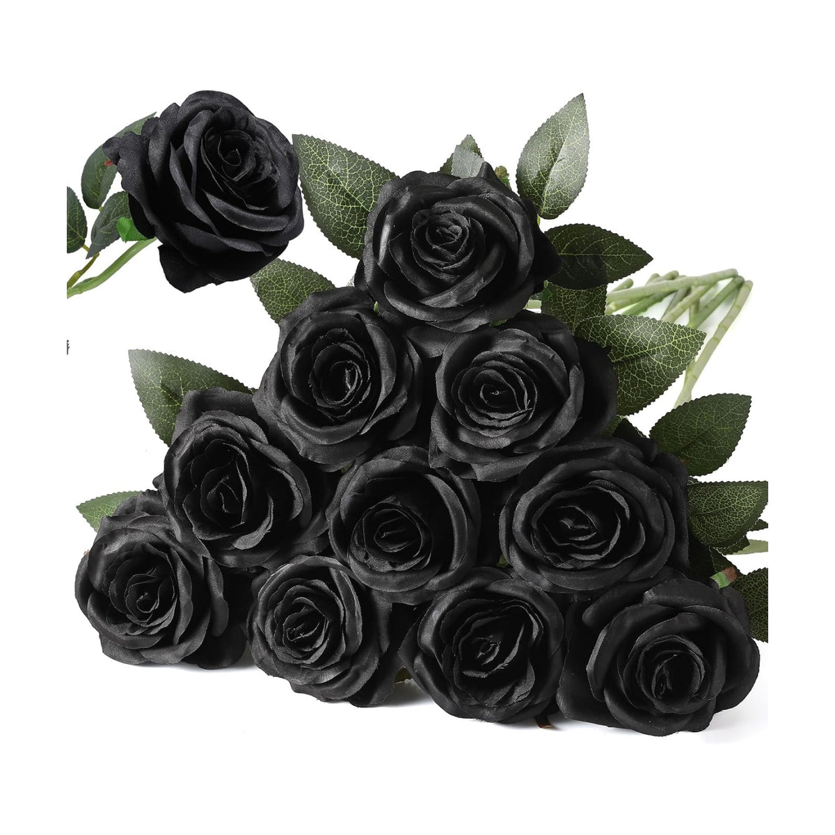 10pcs Black Roses Artificial Flowers, Realistic Faux Rose with Long Stem