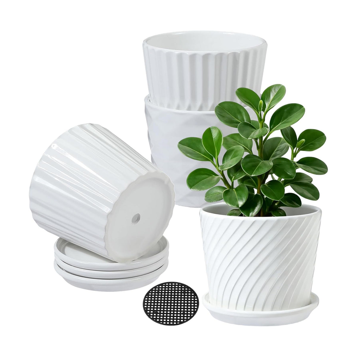 sietpoek 5.5” Ceramic Plant Pots with Drainage and Saucer 4PCs White | White Ceramic Flower Pots with Drainage Hole and