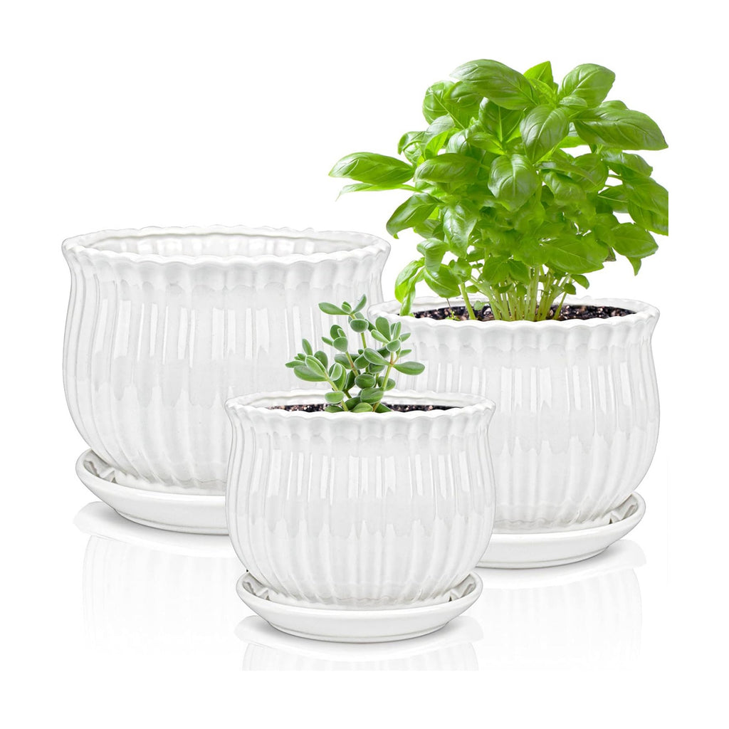 Yesland 3 Pack Ceramic Planter Pots, 3.9"/5.3"/6.7" Modern Round Flower Pots with Drainage Holes & Saucers, Small