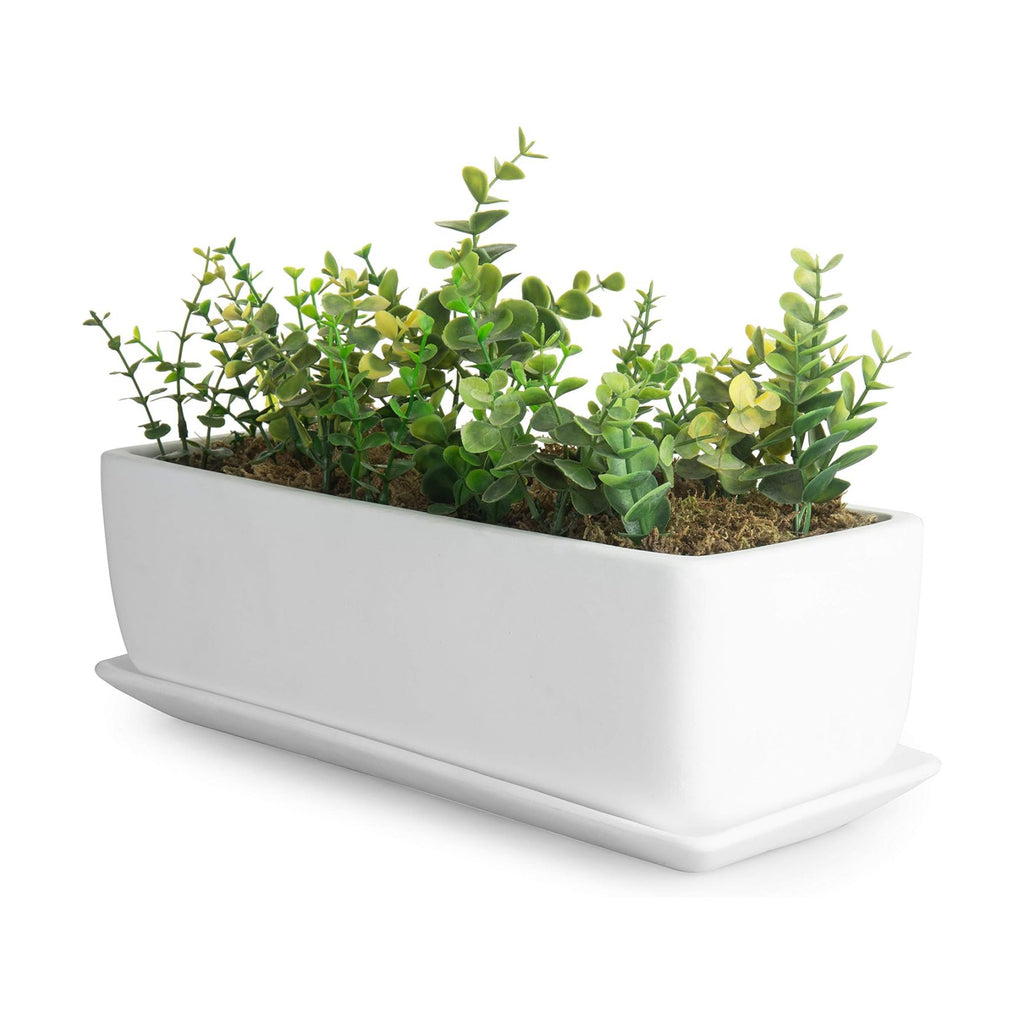 MyGift 14 Inch Unglazed White Ceramic Indoor Plant Pot with Drainage Hole | Rectangular Succulent Planter Window Box