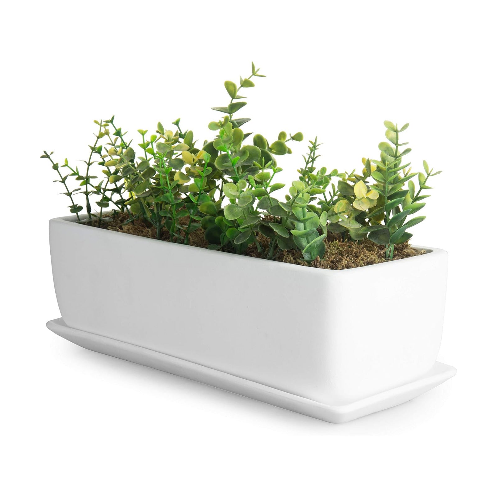 MyGift 14 Inch Unglazed White Ceramic Indoor Plant Pot with Drainage Hole | Rectangular Succulent Planter Window Box