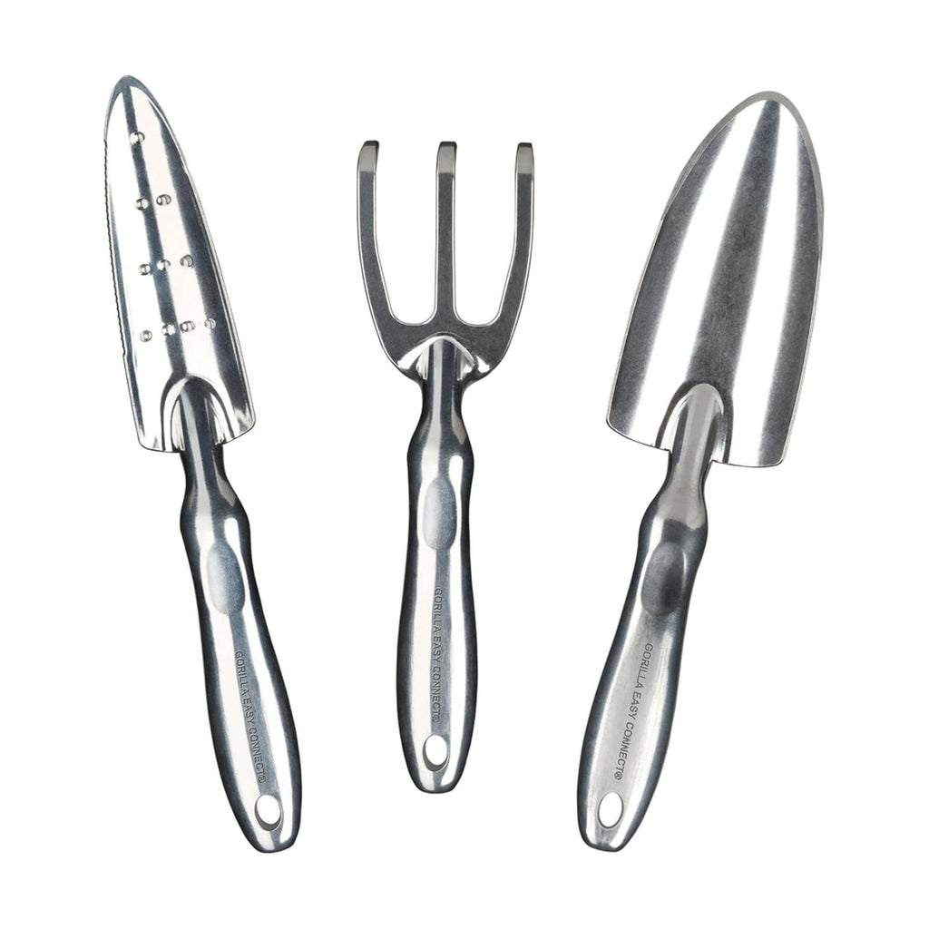 Heavy Duty Garden Tools with Digging Trowel, Transplant Trowel and Cultivator Hand Rake Solid One Piece Cast Aluminum