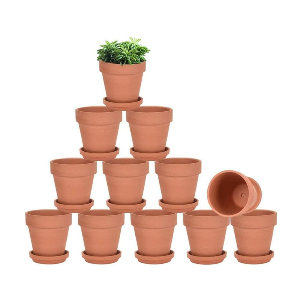 3 Inch Terracotta & Clay Pots for Plant with Saucer, 12 Pack | Clay Flowerpot with Drainage, Nursery pot for