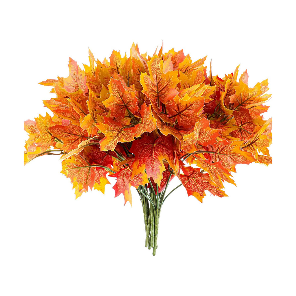 BBTO 6 Pcs Artificial Maple Leaves 7 Branches Fall Stems Decor,Orange