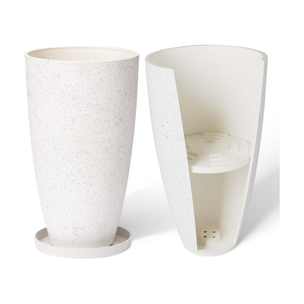 LA Jolie Muse 20 Inch Tall White Planters,Set of 2 Indoor/Outdoor Tall Planters with Shelf Insert and Trays,Modern