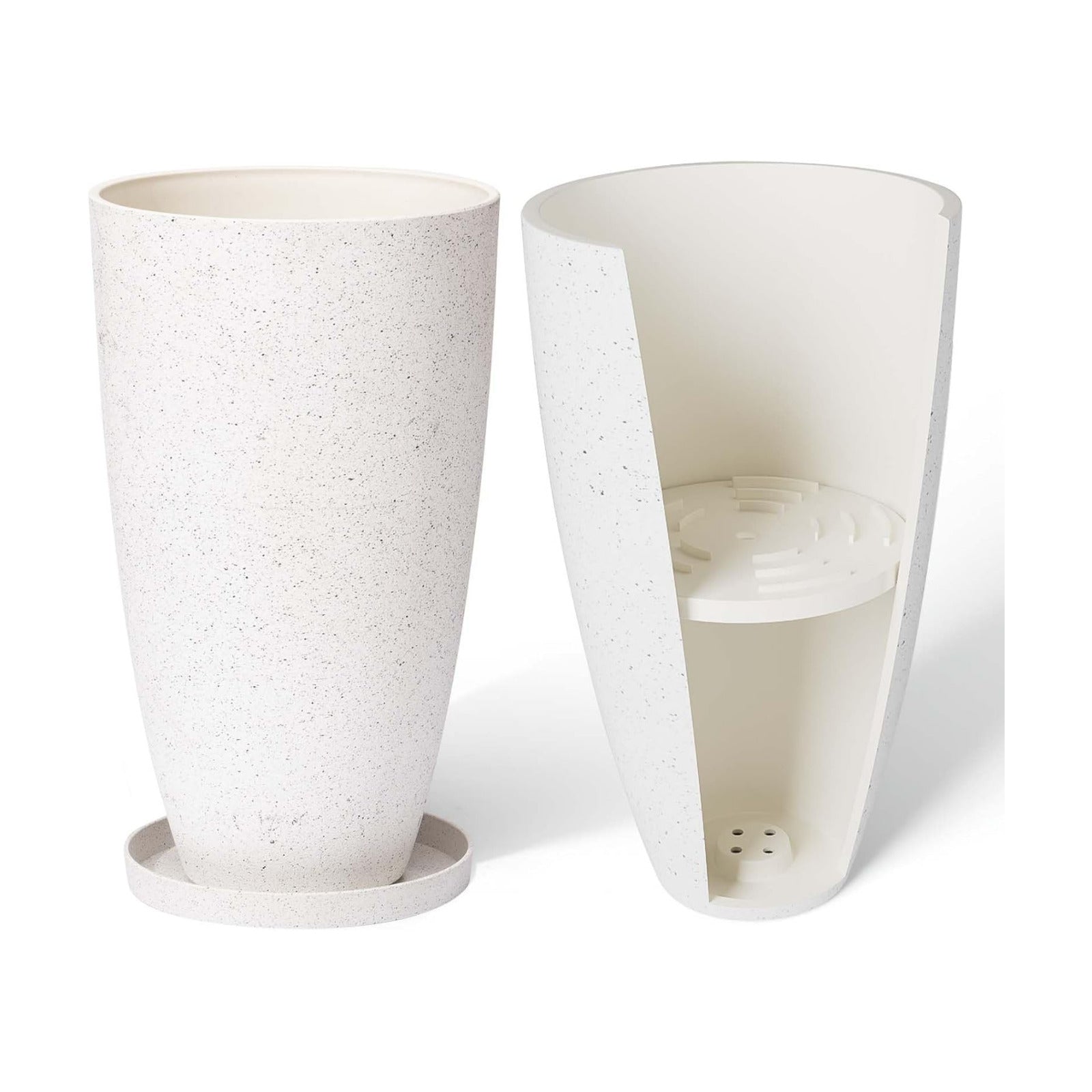 LA Jolie Muse 20 Inch Tall White Planters,Set of 2 Indoor/Outdoor Tall Planters with Shelf Insert and Trays,Modern