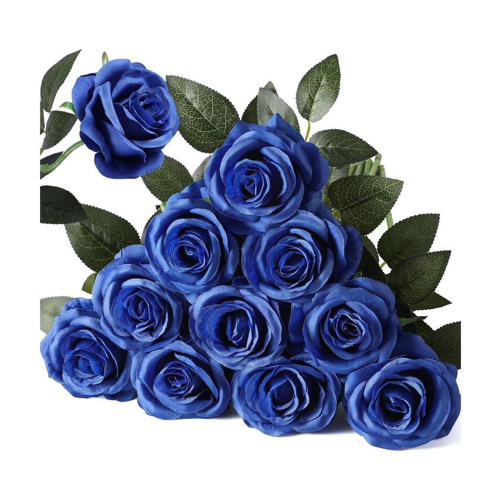 10pcs Blue Roses Artificial Flowers, Realistic Faux Rose with Long Stem
