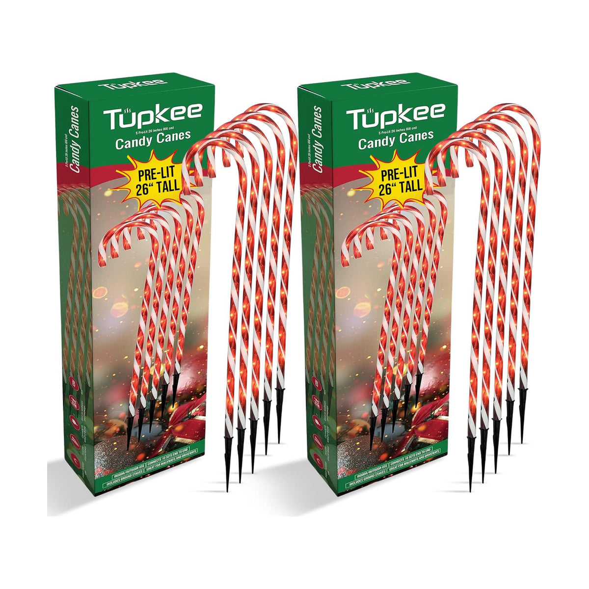 Pre-Lit Candy Cane Decorations -Pathway Christmas Lights, 26-Inches Tall (66 cm), Set of 5, Outdoor Christmas Decorations Yard Candycane Peppermint Lights - 2 Pack (Total 10 Lights)