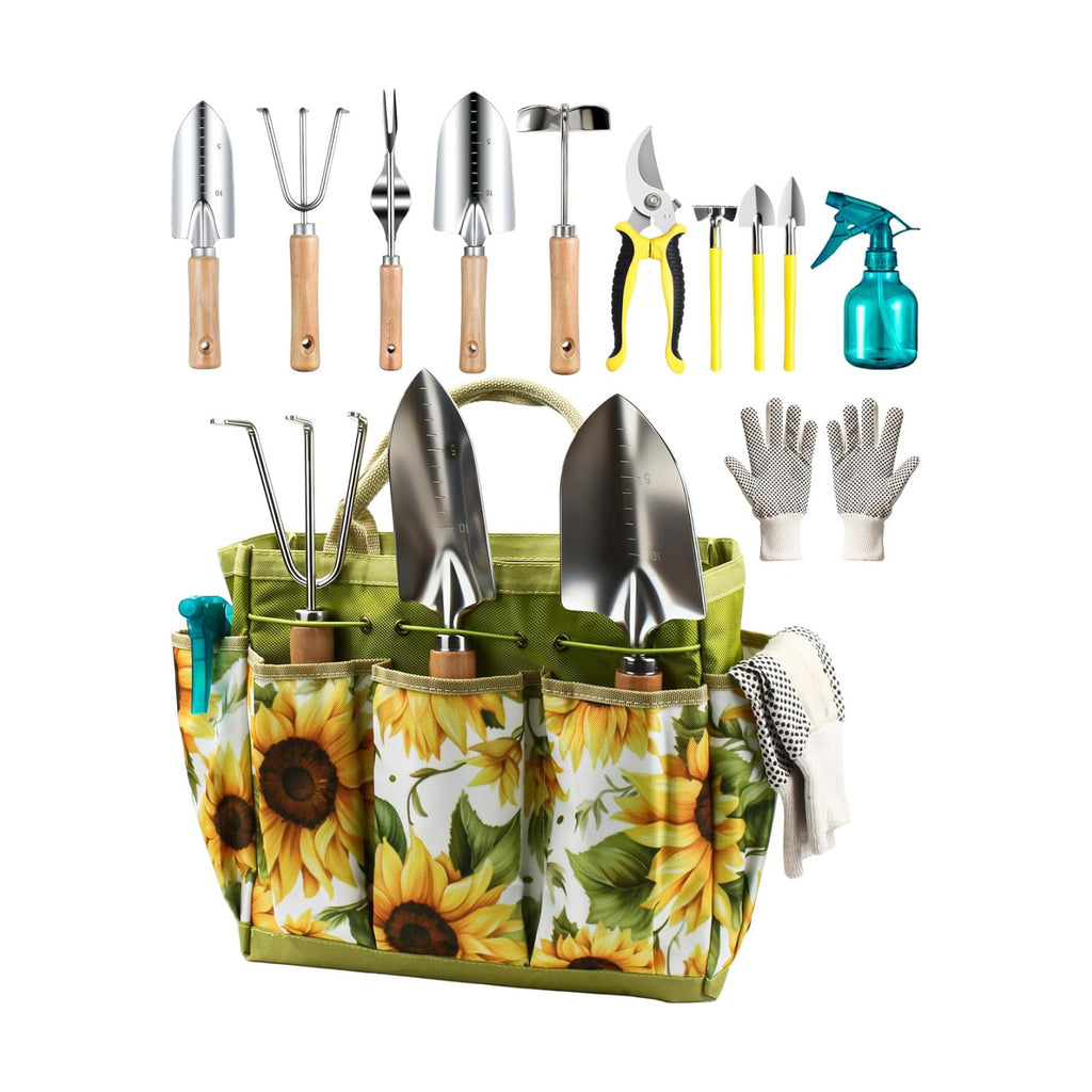 MOSFiATA 12Pcs Garden Tools Set, Heavy Duty Gardening Kit with Organizer Bag, for Digging, Weeding, Transplanting