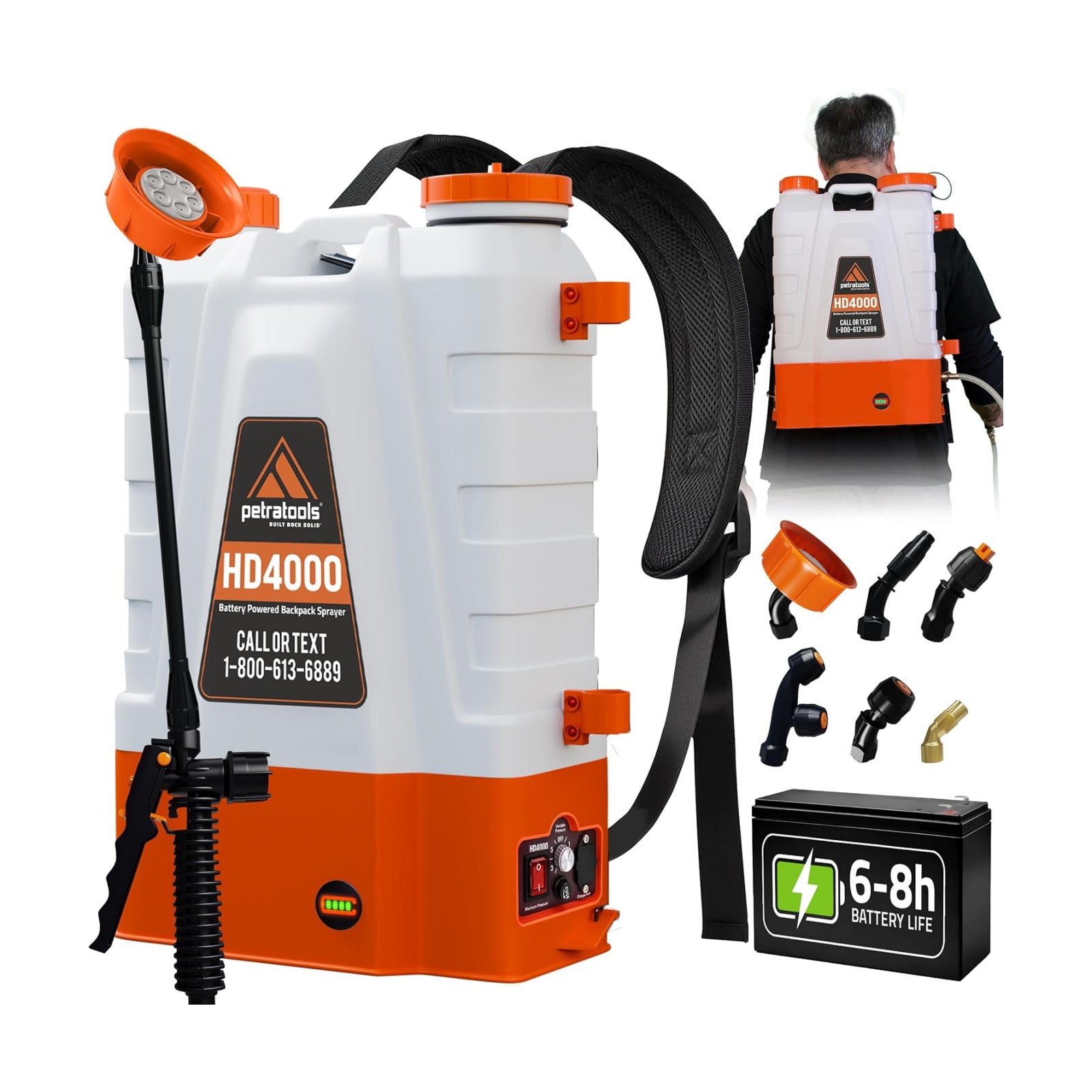 PetraTools HD4000 Battery Powered Backpack Sprayer, 6 Hr Runtime, 6 Nozzles | Electric Sprayer for Lawn & Garden w/