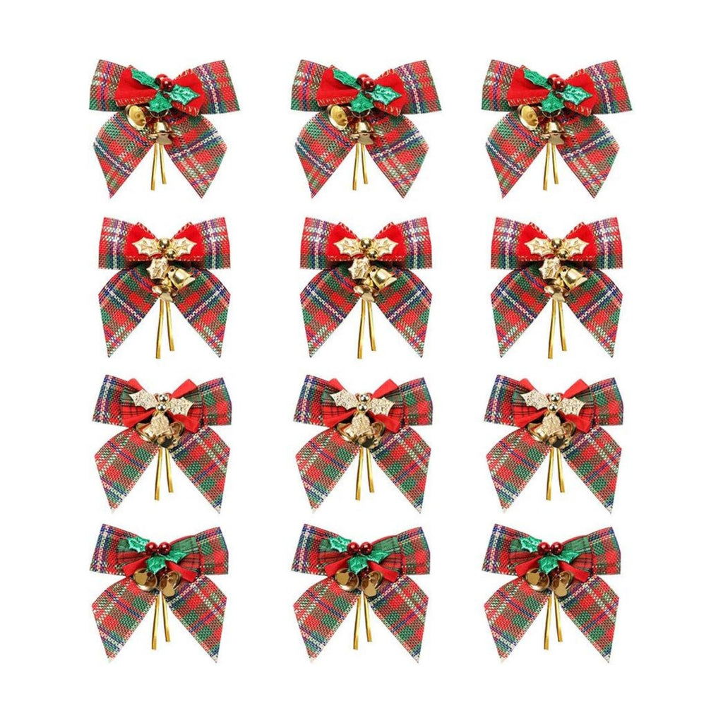 YBB 12Pcs Christmas Red Green Plaid Tree Bows with Jingle Bells