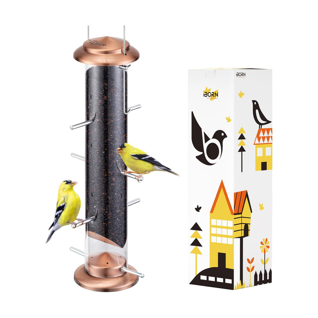iBorn Nyjer & Thistle Bird Feeder for Outdoors Hanging，Finch Feeders for Outside，Metal Tube Bird Feeder 15 Inch with 12 Small Ports,8 Metal Perches,Copper-Plating