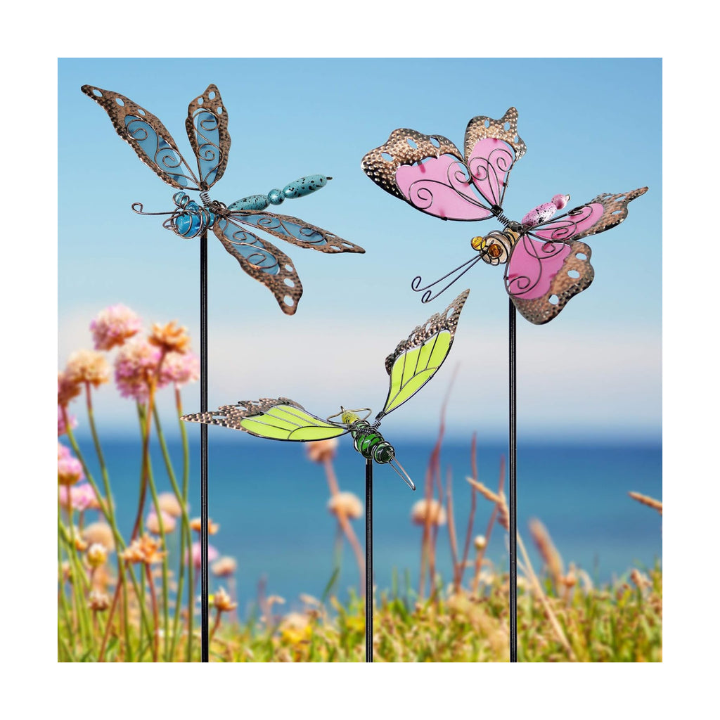 Juegoal 34 Inch Butterfly Garden Stakes Decor, Dragonfly Hummingbird Stakes, Glow in Dark Metal Yard Art for Mom