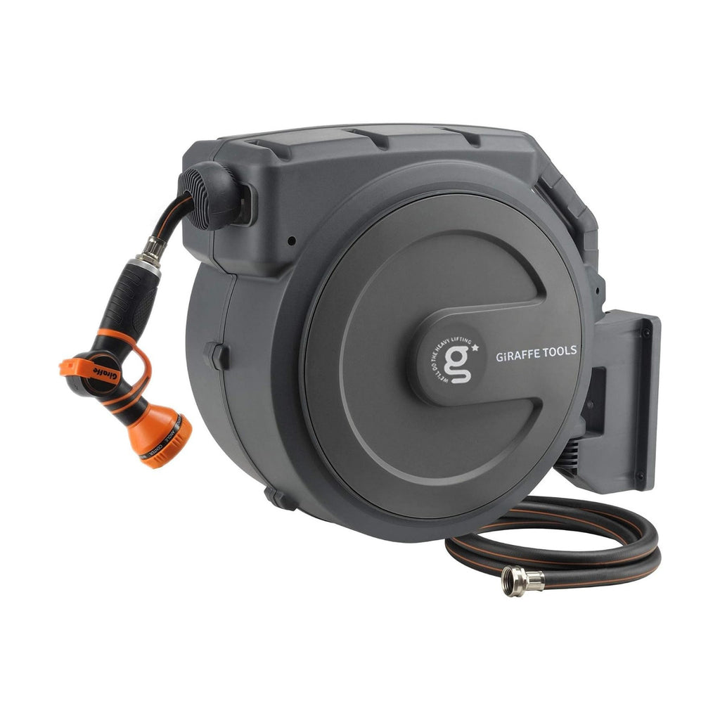 Giraffe Tools Retractable Garden Hose Reel 1/2"130FT Wall Mount Auto Rewind | Any Length Lock,Auto Rewind System,180°